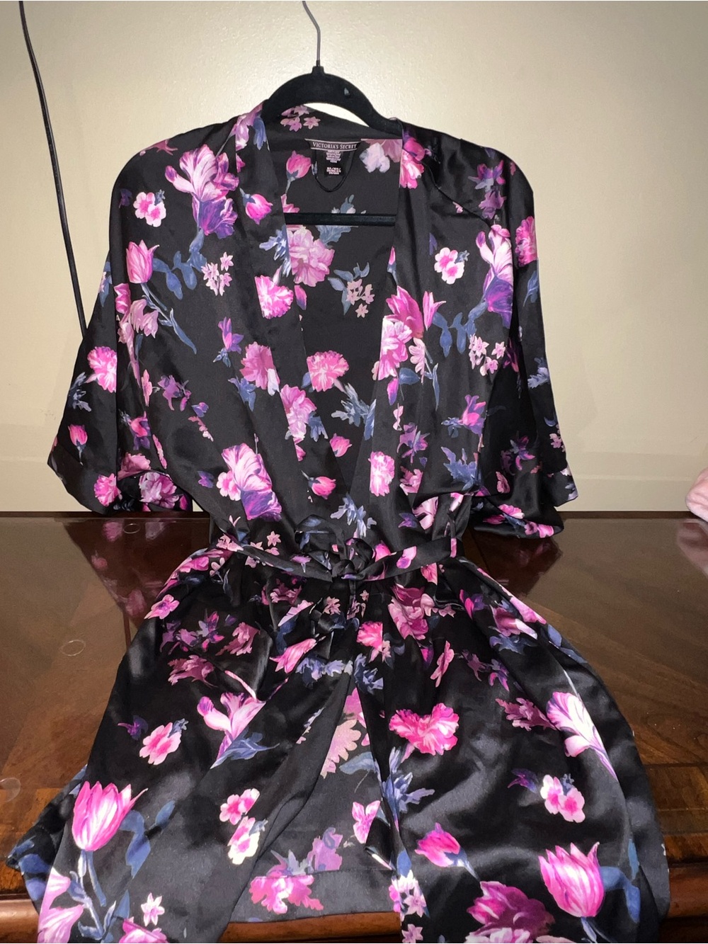 Victoria's Secret Black Floral Satin Robe with Pink & Purple Blossoms
